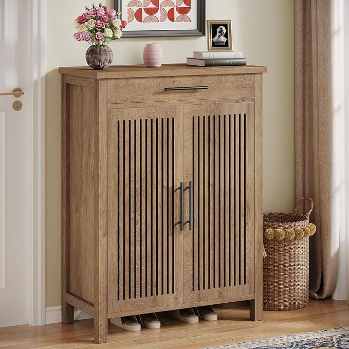 Tribesigns Shoe Cabinet, 5-Tier Shoe Storage Cabinet with Louvered Doors and Drawer, Freestanding Wooden Shoe Rack Organizer with Adjustable Shelves for Entryway, Hallway, Natural
