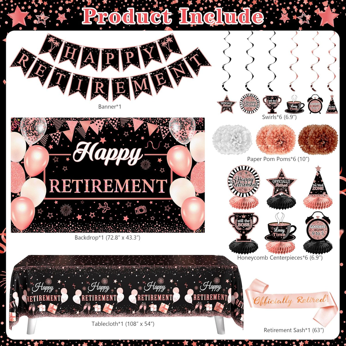 Retirement Party Decorations for Women 109Pcs Rose Gold Black Happy Retirement Decorations Retired Banner Backdrop Balloons Sash Hanging Swirls Pompoms Tablecloth Honeycomb Centerpiece(Rose Gold)