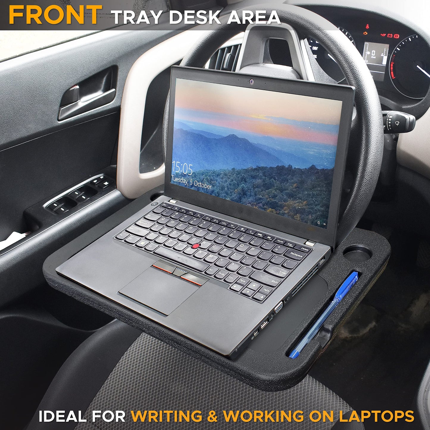 EcoNour 2 in 1 Car Steering Wheel Desk | Tray for Laptop Car Mount with Pen Holder | Desk Console for Car | Food Tray for Eating with Drinks Holder | Multipurpose Travel Car Accessories