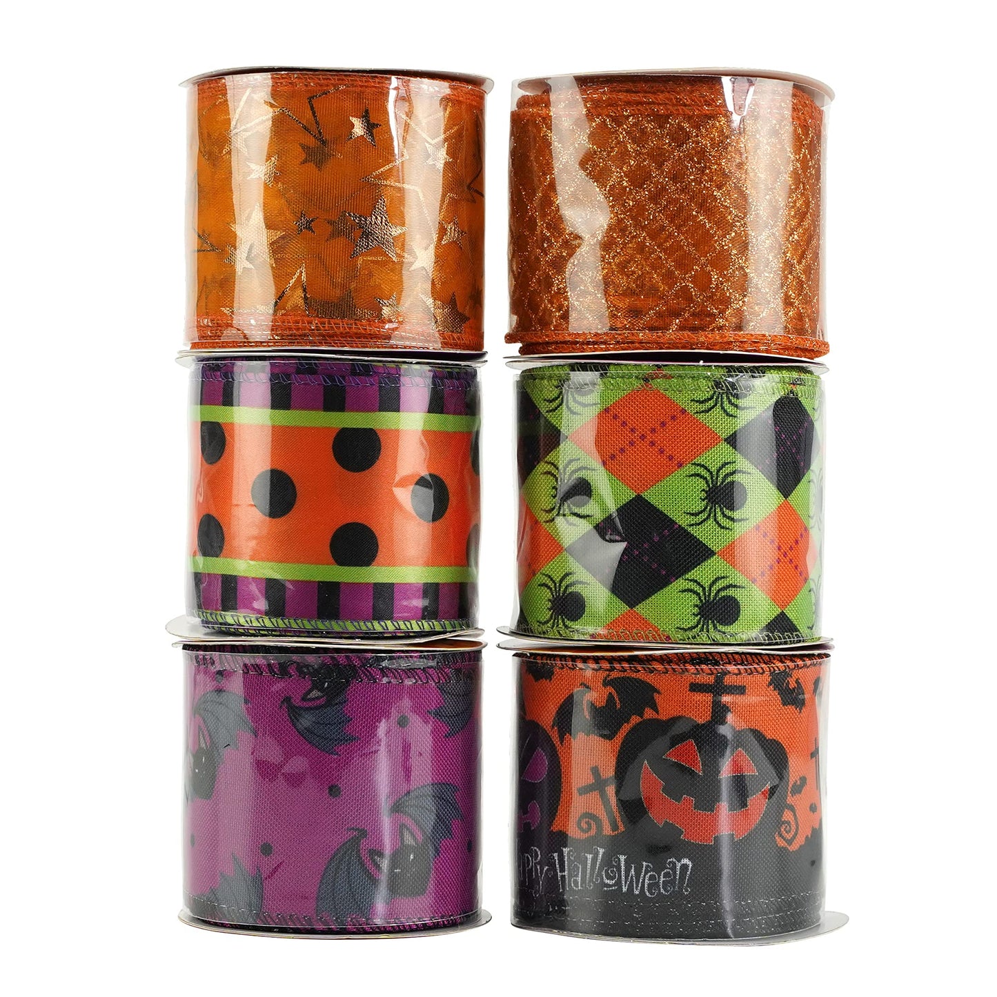 MEEDEE Halloween Wired Ribbon - 6 Rolls, 36 Yards, Black & Orange, Buffalo Plaid & Pumpkin Designs for Wreaths