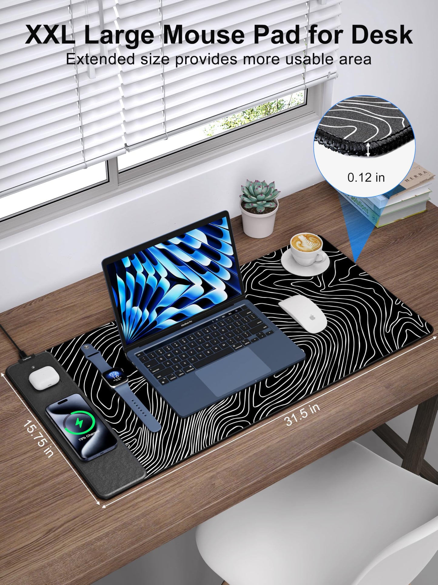 TopMade Mouse Pad with 15W Fast Wireless Charging, 31.5"x15.75" XXL Large Gaming Waterproof Desk Pad with Ultra-Smooth Surface, Non-Slip Base, Computer Desk Mat, Black Topographic Map #1