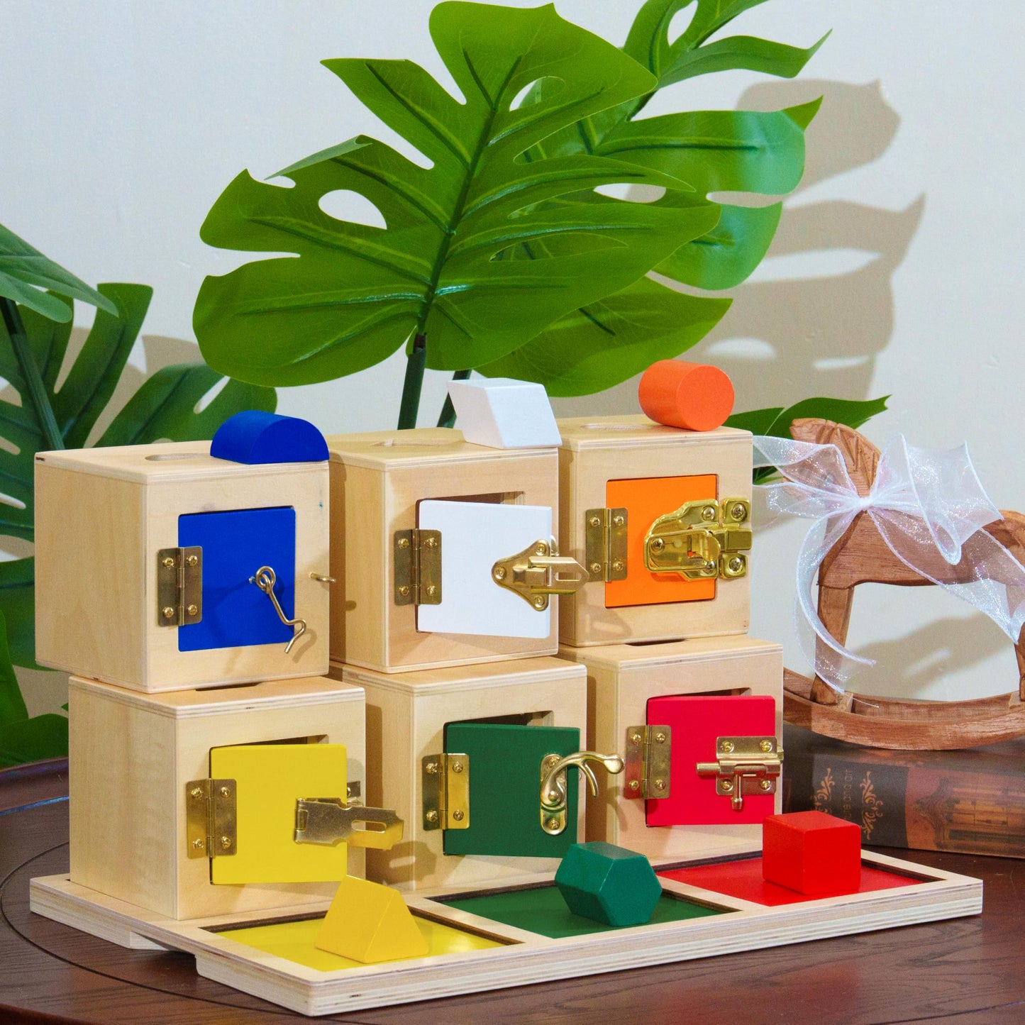 Premium Montessori Large Lock Box with Objects and Tray 15.7in,Wooden 6-Compartment Busy Box,Different Locks with Keys & Matching Objects, Practical Life Activity,Fine Motor Skills, Homeschool