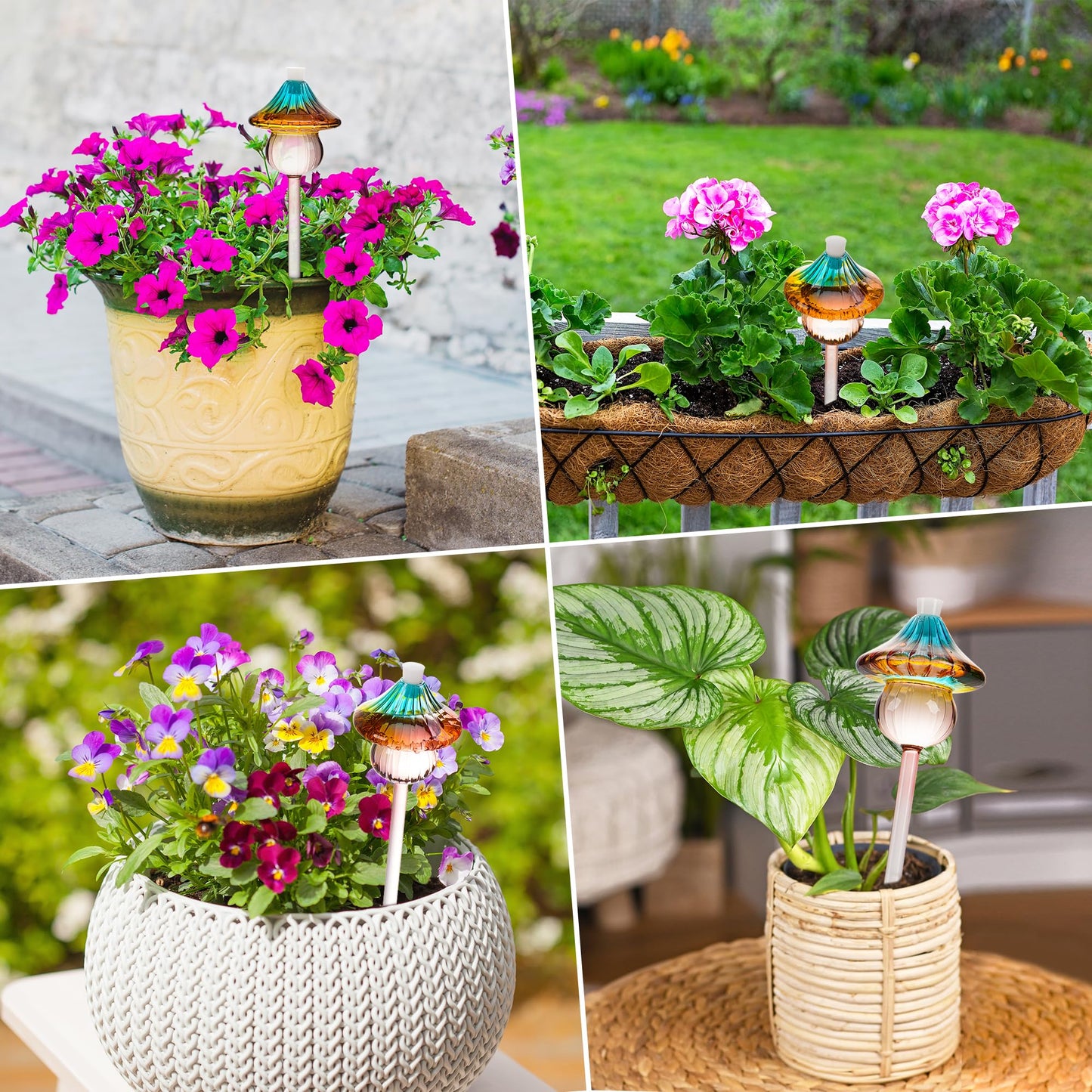 Plant Watering Globes Mushroom, Rainbow Gradient Color Glass Watering Bulbs, Self Watering Planter Insert, Self Watering Globes - Plant Watering Devices for Travel Vacation (4 PCS)