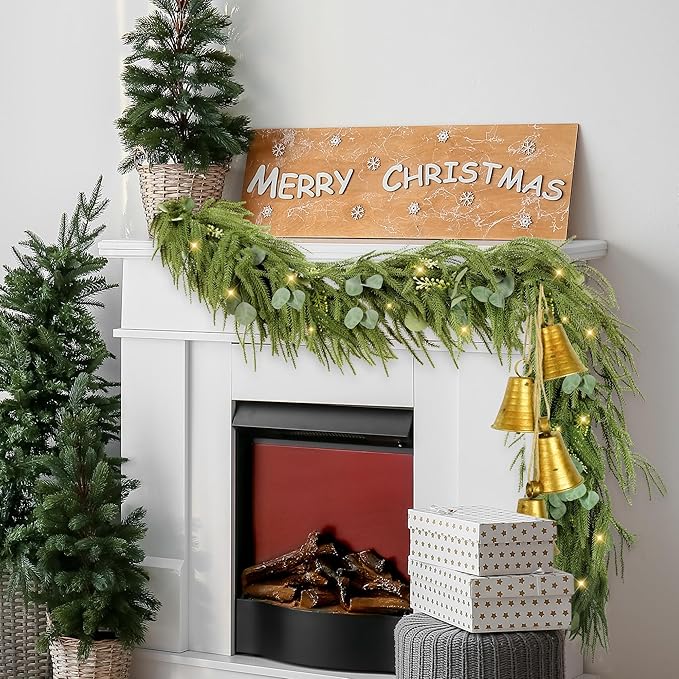 Sggvecsy 6Ft Christmas Fork Norfolk Pine Garland Artificial Christmas Garland Real Touch Pine Greenery with Eucalyptus for Table Wall Mantle Indoor Fireplace Home Holiday Decoration (1 Pack)