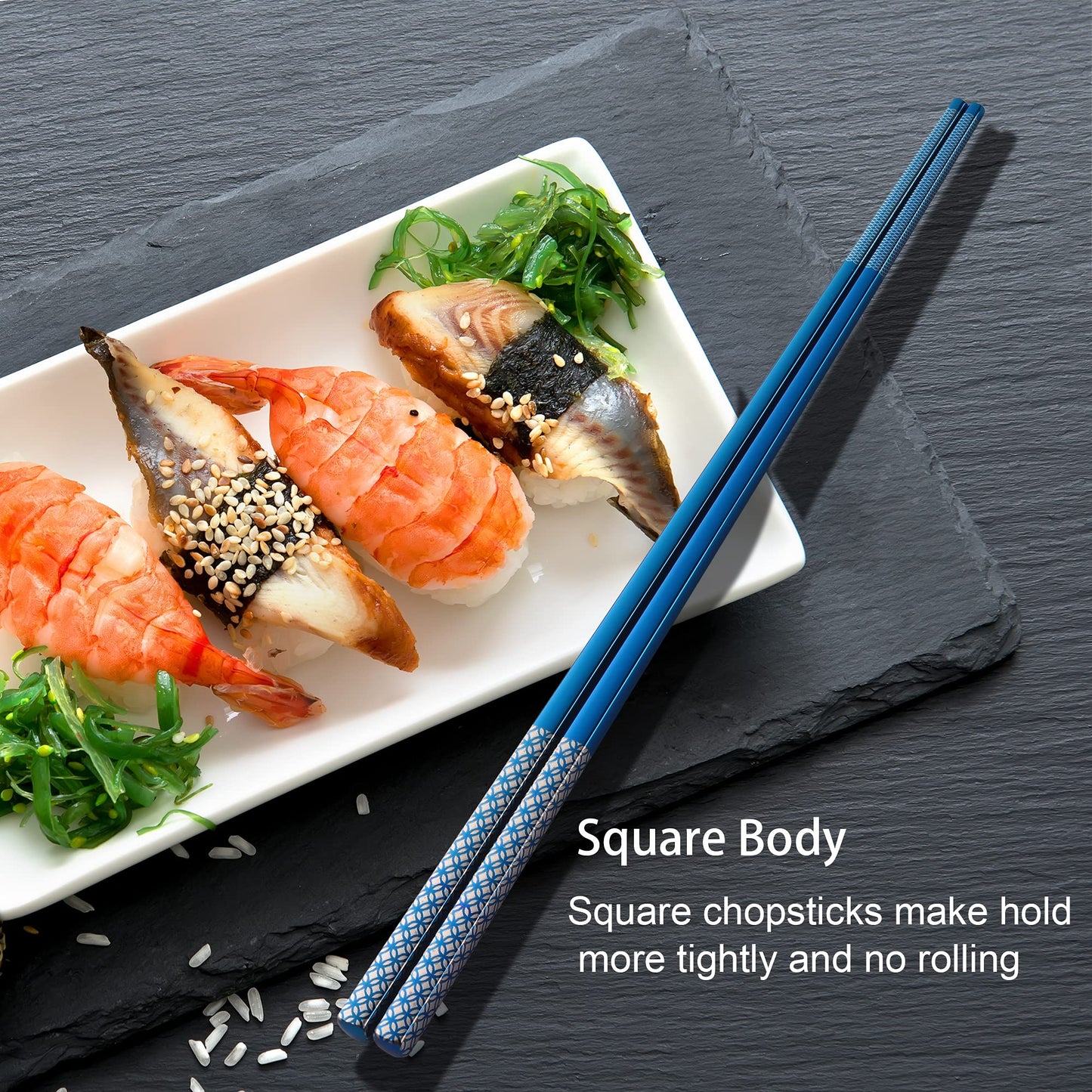 Metal Chopsticks Reusable Multicolor Stainless Steel Chopsticks Dishwasher Safe Chop Sticks Laser Engraved Copper Coin Pattern Square Non-slip, 9 1/4 Inches 5 Pairs Gift Set
