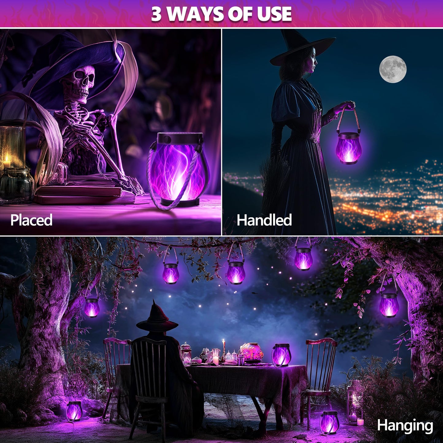 iBaycon 2 Pack Solar Lanterns Lights, Halloween Flickering Flame Garden Lights with 2 Modes Dual Charging USB & Solar, Outdoor Waterproof Hanging Lantern for Party Holiday Halloween Decor (Purple)