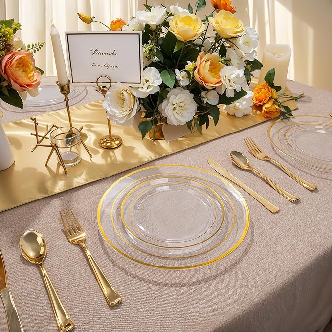 100Pcs Clear Plastic Dessert Plates, Thanksgiving Plates Disposable Salad Plate with Gold Rim, Premium Hard Fancy Small Plate, Heavy Duty Plastic Cakes Platos for Party, Wedding and Birthday