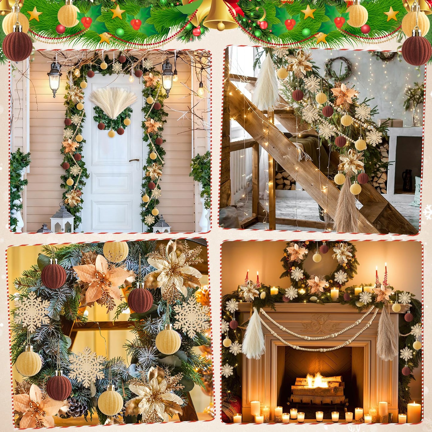 63Pcs Boho Christmas Tree Decoration Set Neutral Boho Christmas Tree Ornaments Wooden Bead Bow Xmas Balls Artificial Flowers and Grass DIY Decor Craft for Holiday Wedding Party Supplies Gifts