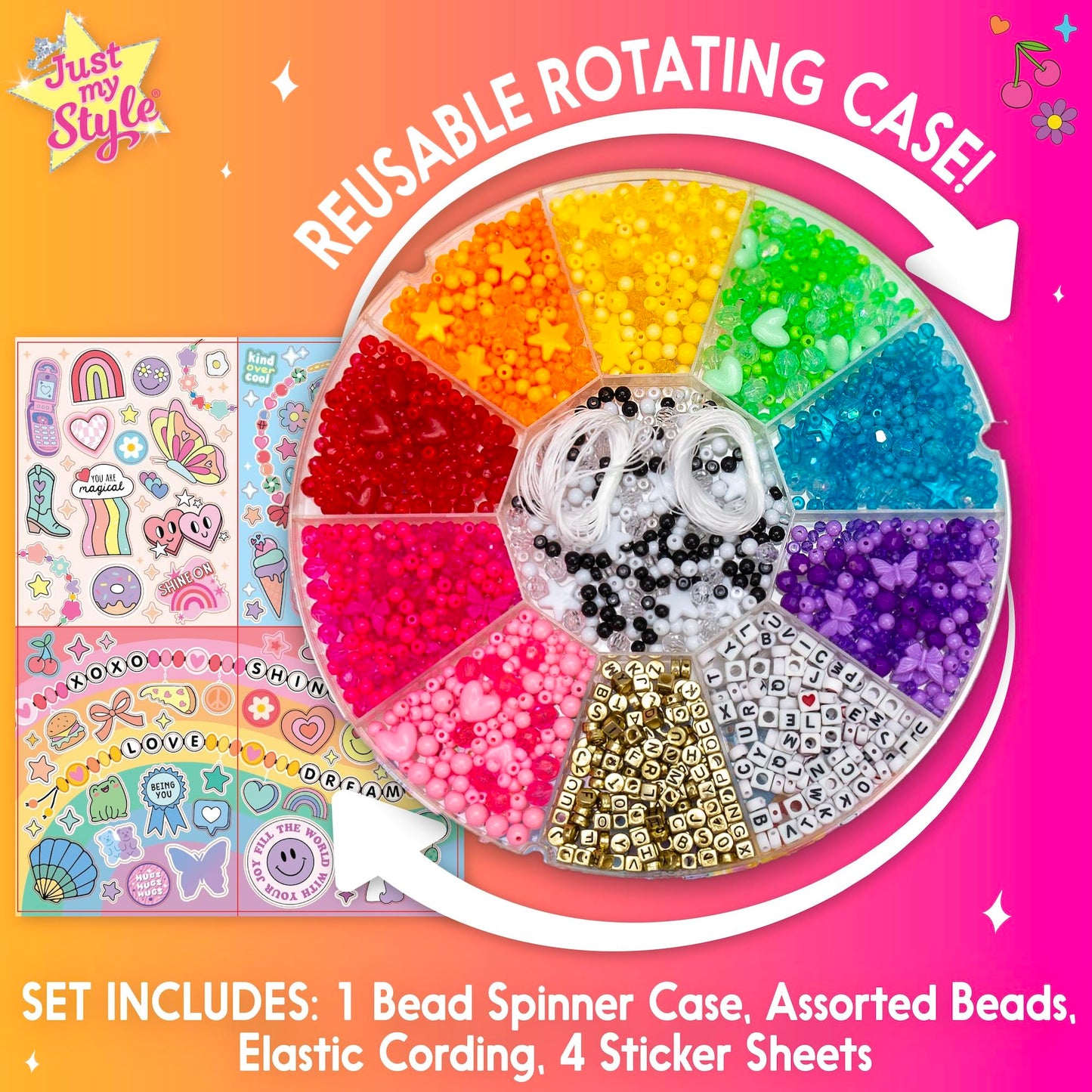 Just My Style Rainbow Bead Spinner, DIY Bracelet Making Kit with Swiveling Bead Case, Includes Over 1,000 Beads for Bracelet Making, Elastic, and More