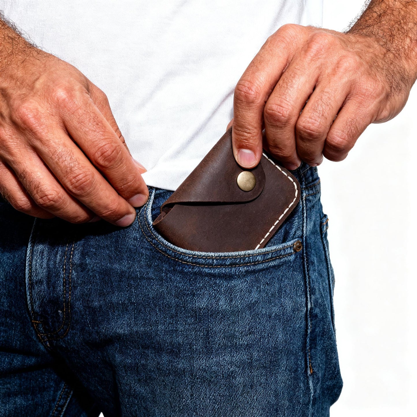 Handmade Genuine Leather Card Holder with Snap Closure - Ultra Slim Minimalist Wallet, Hand-Stitched Compact Front Pocket Card Case for Men & Women (Dark Coffee)