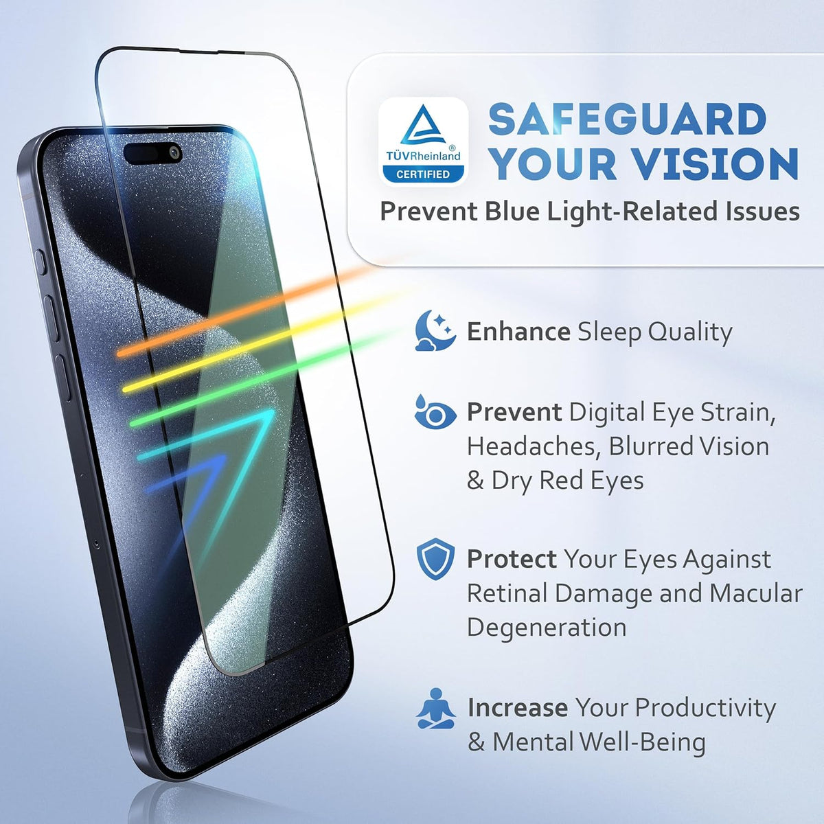 Deppa |2 Pack| Anti-Blue Light Screen Protector for iPhone 15 Pro (6.1') | Scratch Resistant Tempered Glass | 3D Edge to Edge Coverage | Easy Installation Kit | Eye Safeguard TÜV Certified