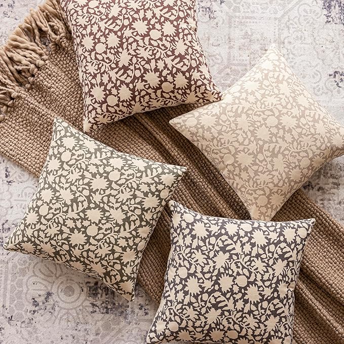 Foindtower Set of 2 Decorative Neutral Floral Throw Pillow Covers Accent Farmhouse Cushion Covers Boho Vintage Pillowcase for Couch Sofa Bedroom Living Room Home Decor,24×24 Inch,Sage Green