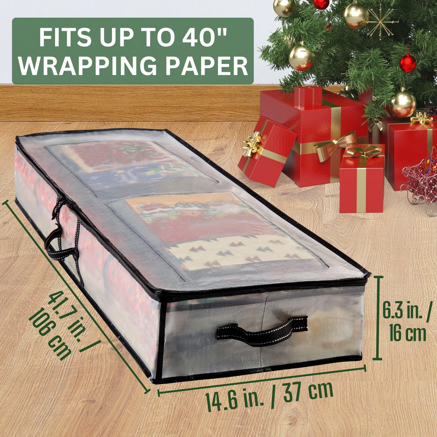 VENO 2 Pack Clear Wrapping Paper Organizer Storage Box for Christmas Gift Bags and Holiday Accessories, Underbed Storage Container with Interior Pockets, 40 Inches Long Fits 24 Rolls (2 Pack)