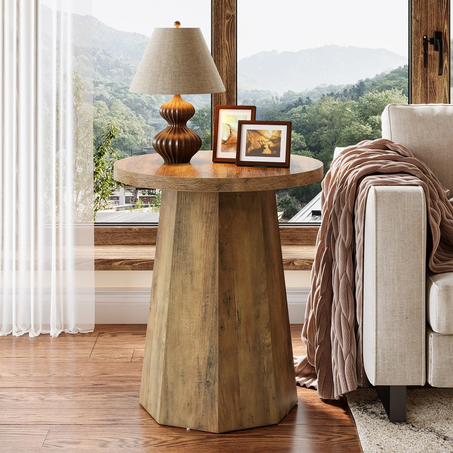Tribesigns Round Pedestal End Table, Farmhouse Couch Side Table with Octagonal Base, Wooden Drink Stand Accent Nightstand (1, Rustic Brown)