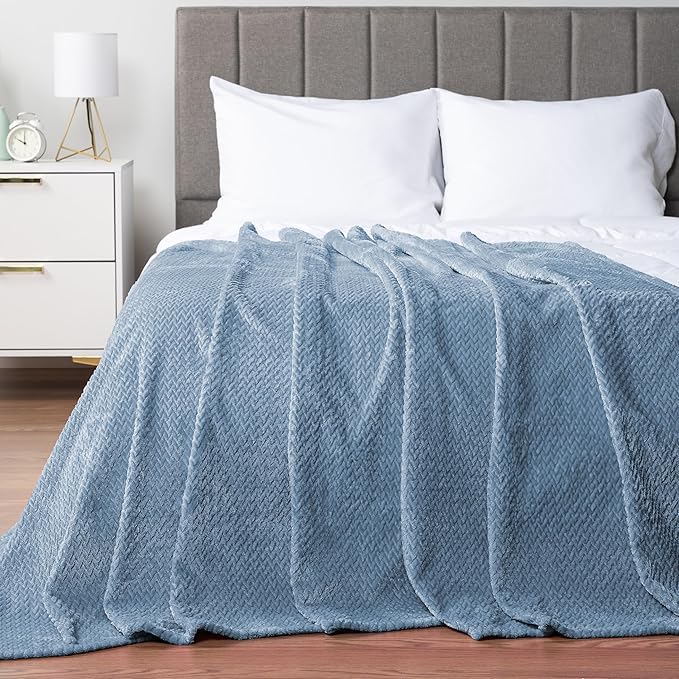 PAVILIA Soft Fleece Dusty Blue Throw Blanket for Couch, Lightweight Plush Warm Blankets for Bed, Fuzzy Cozy Flannel Blanket Throw for Sofa, Travel, Jacquard Pattern, Dusty Blue, 50x60 inch
