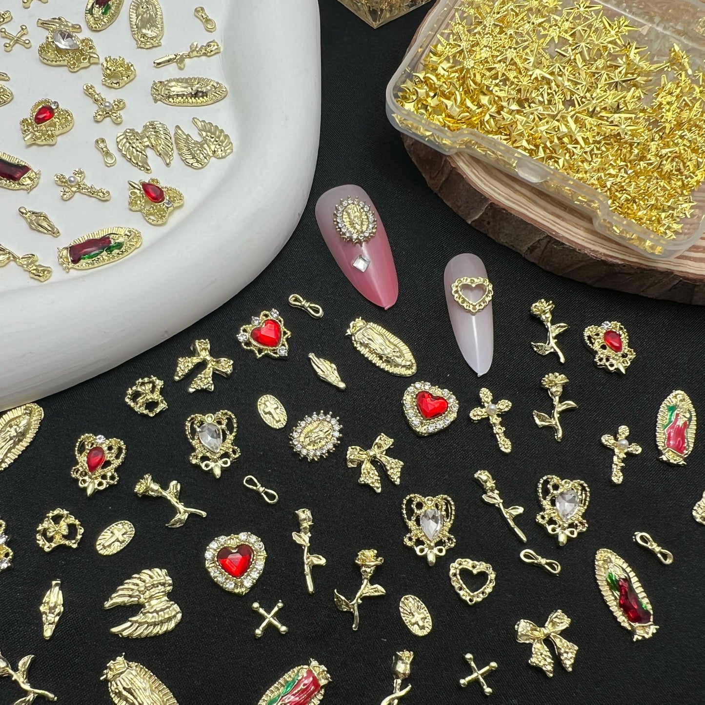Pizadix 105 Pcs Virgin Mary Gold Nail Charms Bulk Gold Nail Charms Plus a Bag of 200 Pcs Stars