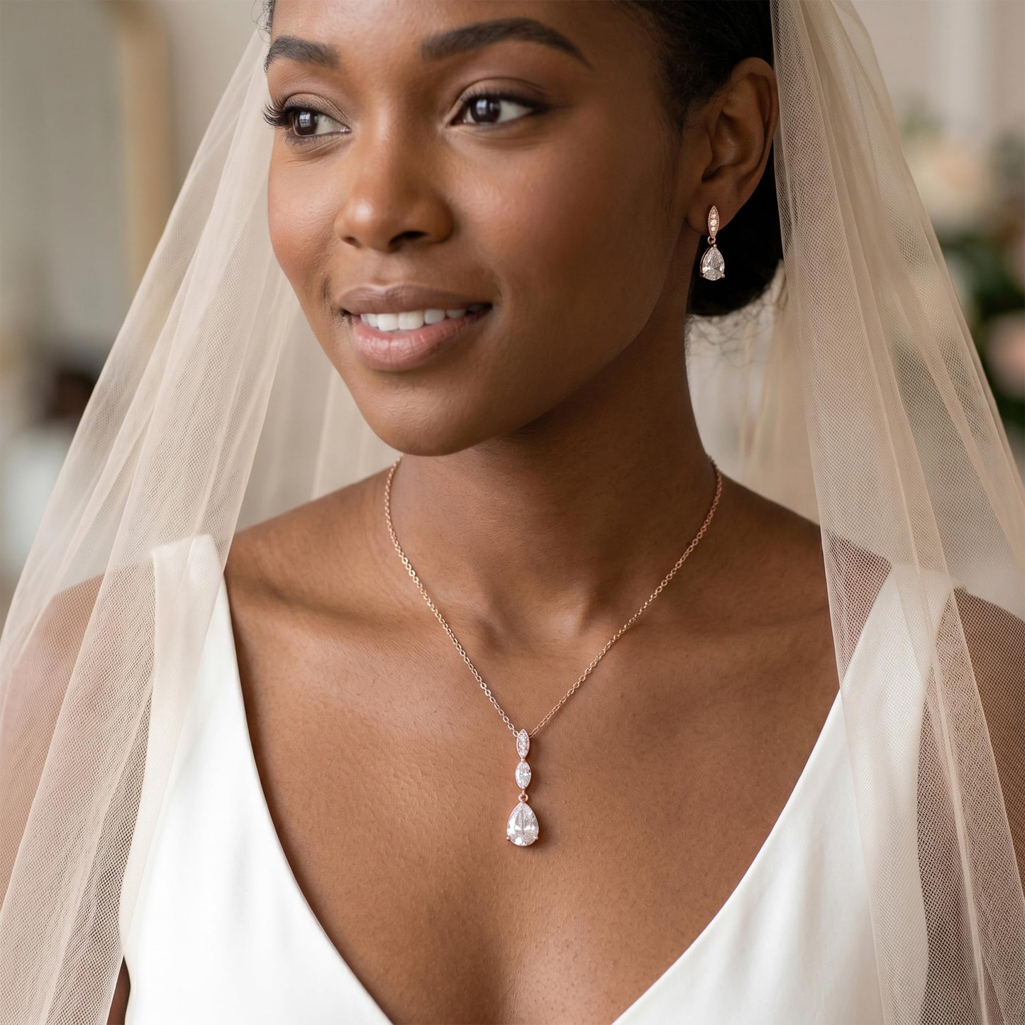 Mariell Bridal Wedding Necklace Earrings Set, 14K Rose Gold Plated CZ Pendant and Drop Earring for Bride, Bridesmaid