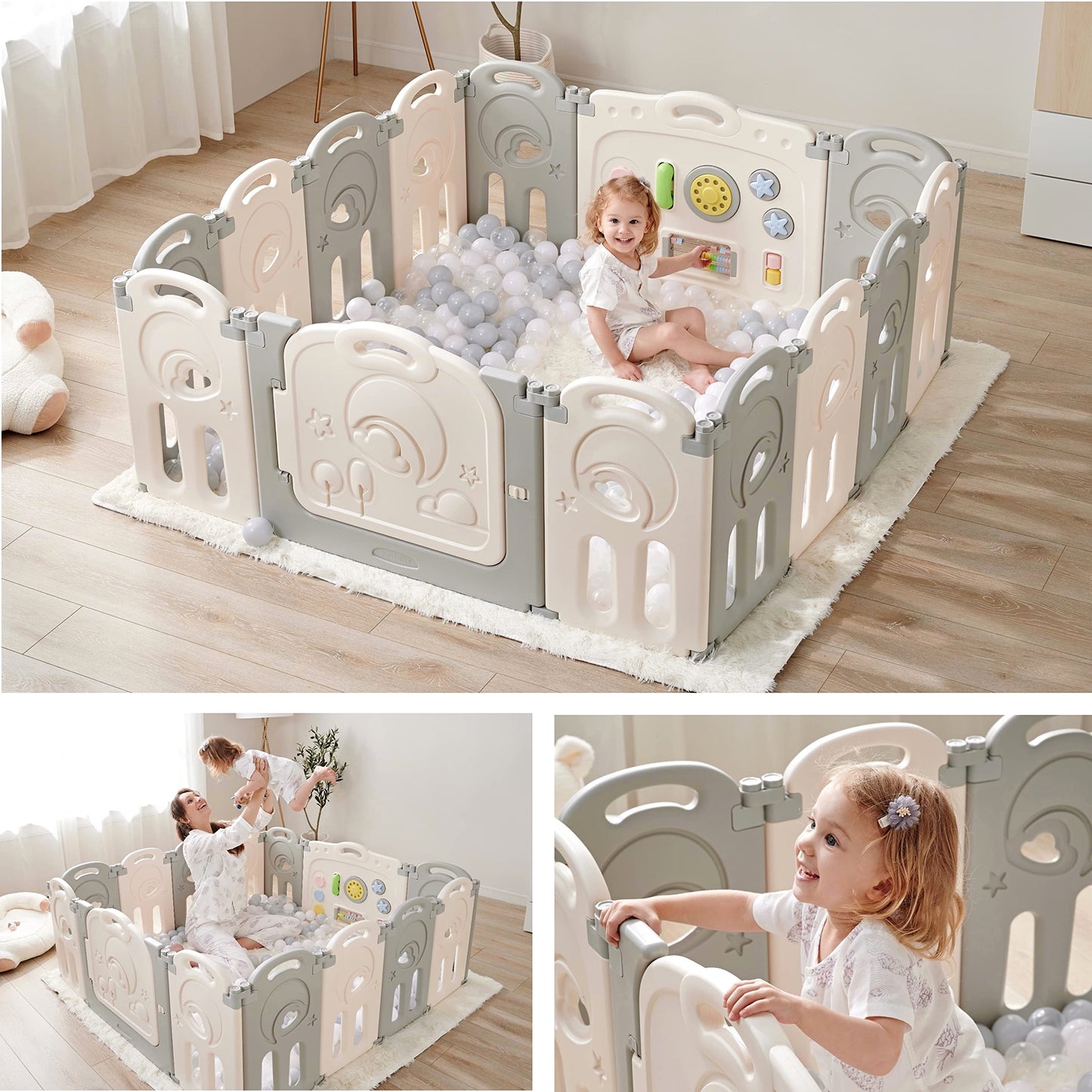 Fortella Cloud Castle Foldable Playpen, Baby Safety Play Yard with Writing Whiteboard and Activity Wall, Pack and Play for Toddlers 1-3, Indoors or Outdoors (Gray, 14 Panel)