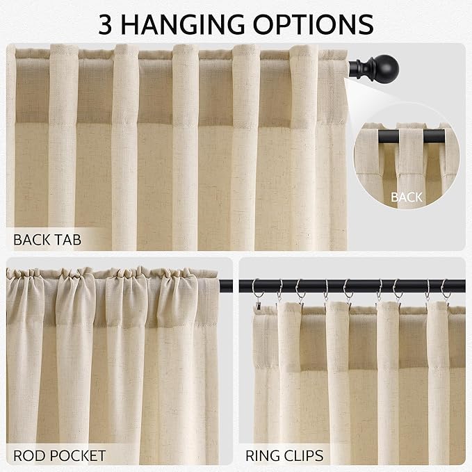 Nanspring Tan Linen Curtains 63 Inches Long for Bedroom Back Tab Light Filtering Privacy Sheer Curtain Modern Farmhouse Coastal Decor Tan Cotton Textured Gauze Drapes for Bathroom 2 Panel Set