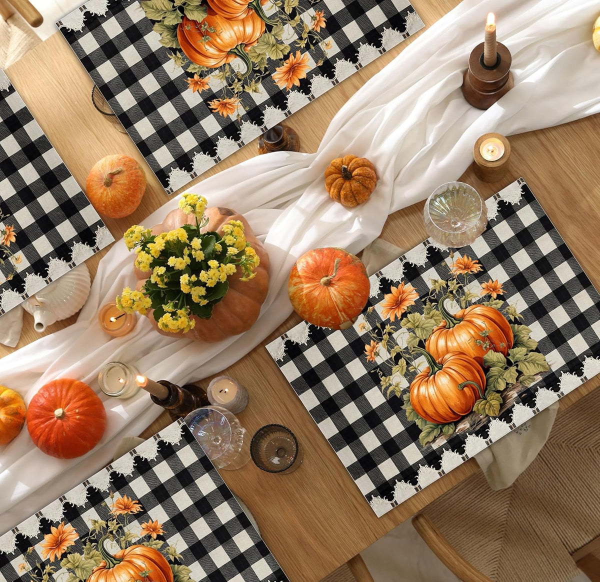 Halloween Pumpkin Placemats Set of 4, 12x18 Inch Pumpkin Plaid Table Mats, Washable Heat Resistant Place Mats for Kitchen Dining Table, Halloween Themed Decoration for Home-B07