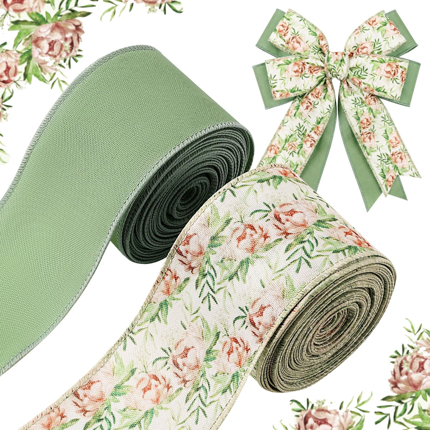 2 Roll 20 Yards Sage Green Floral Wired Edge Ribbon Watercolor Greenery Floral Fabric Ribbon for Spring Summer Wreath Bow Making DIY Crafts Wrapping Party.