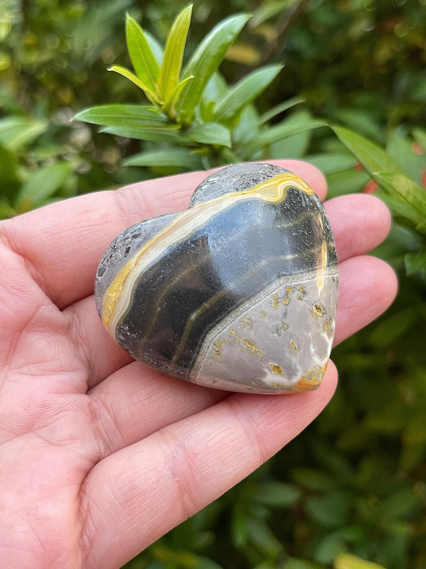 GAF TREASURES Bumble Bee Jasper Gemstone Hearts, Polished Bumble Bee Jasper Puffy Hearts, Bumble Bee Jasper Crystal Palm Stone, Bumble Bee Jasper Healing Crystal Hearts (1 Heart)