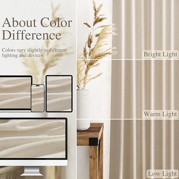 Birch Beige Linen 112 Inch Curtains for Living Room Light Filtering Semi Sheer Curtain Back Tab Modern Farmhouse Decor Elegant Coastal Drapes Floor to Ceiling High Window for Bedroom 52x112, 2 Panels