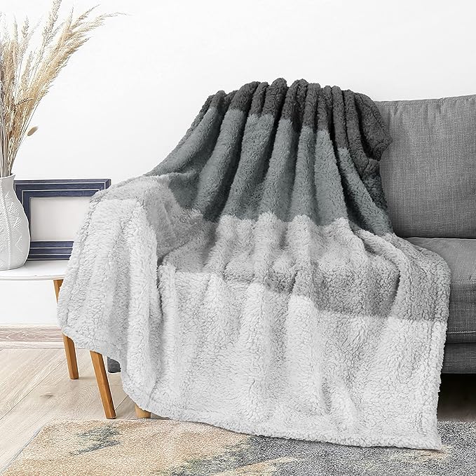 PAVILIA Fluffy Sherpa Throw Blanket Ombre | Gradient Plush, Soft, Fuzzy, Decorative Accent Throw Blanket for Couch Sofa Bed | Cozy Warm Decorative Furry Faux Fur Blanket, 50x60 Inches Gray