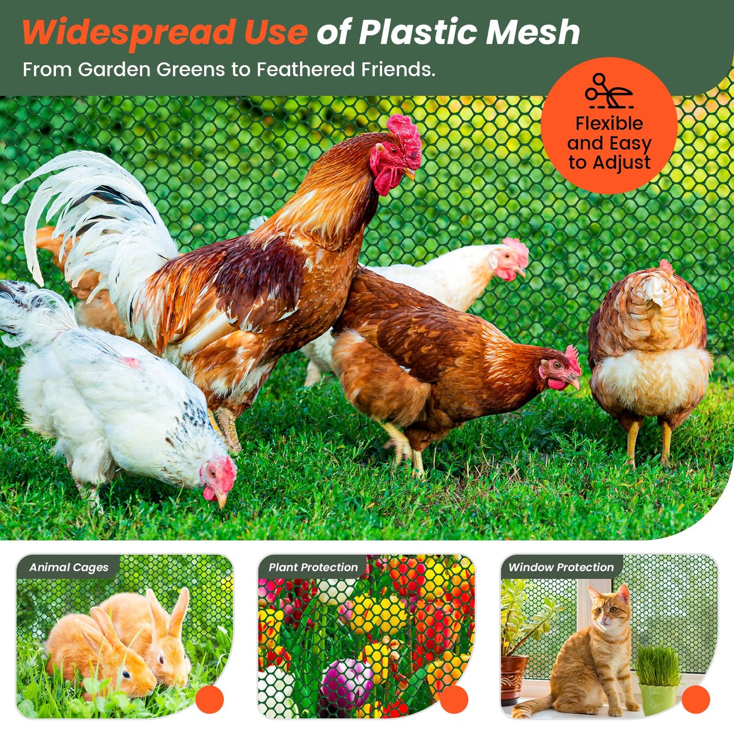 Toolterritary 16IN x 50FT Plastic Chicken Wire Mesh, Chicken Wire for Floral Arrangements, Chicken Wire Mesh for Crafts with 100 Pcs Zip Ties, Mesh Fence for Dogs, Deers, Poultry