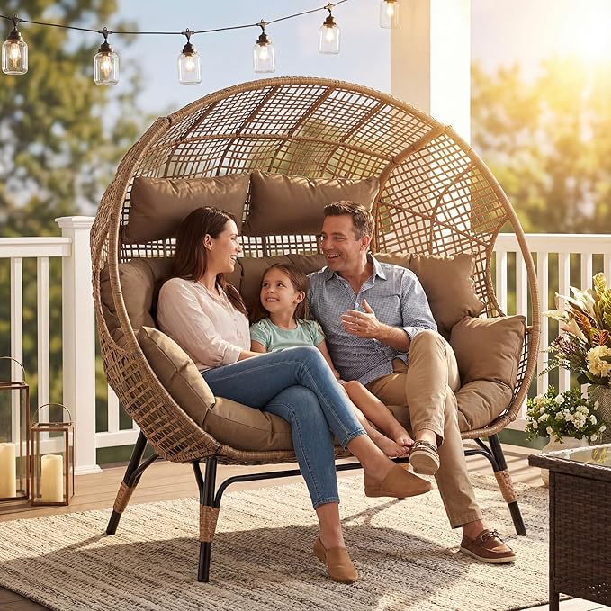 NICESOUL® Double Egg Chair Indoor Outdoor Stationary Oversized 6.5" Thick Padded Cushions,2 Person Wicker Egg Loveseat Chair,680 lbs Extra Wide Lounge Chair for Patio Balcony Porch Brown with Cover
