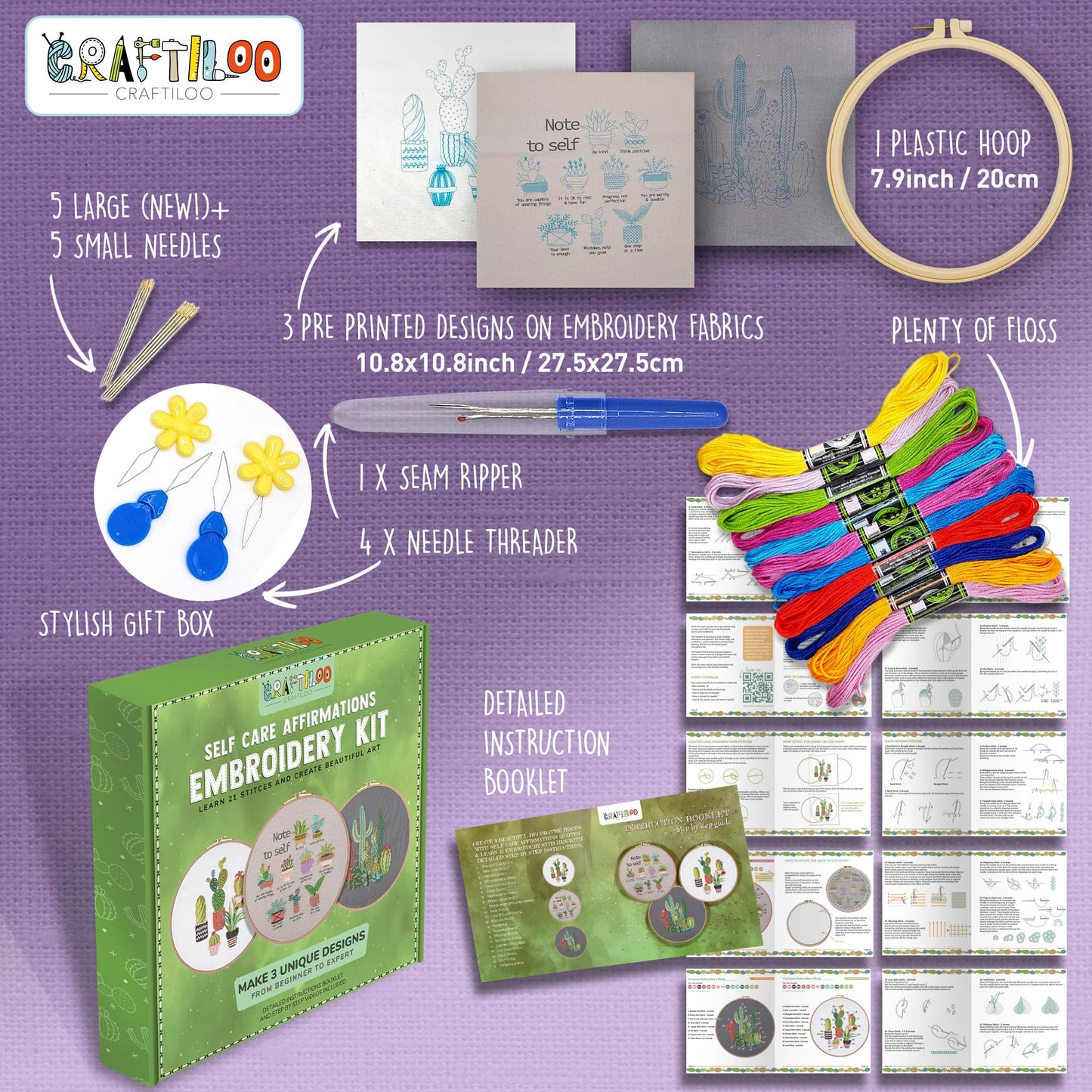 CRAFTILOO Embroidery Kits for Adults Hand Embroidery kit for Beginners with Stamped Embroidery Patterns Starter Embroidery Kit. Needlepoint kit Cross Stitch kit for Teens& Adults Cactus