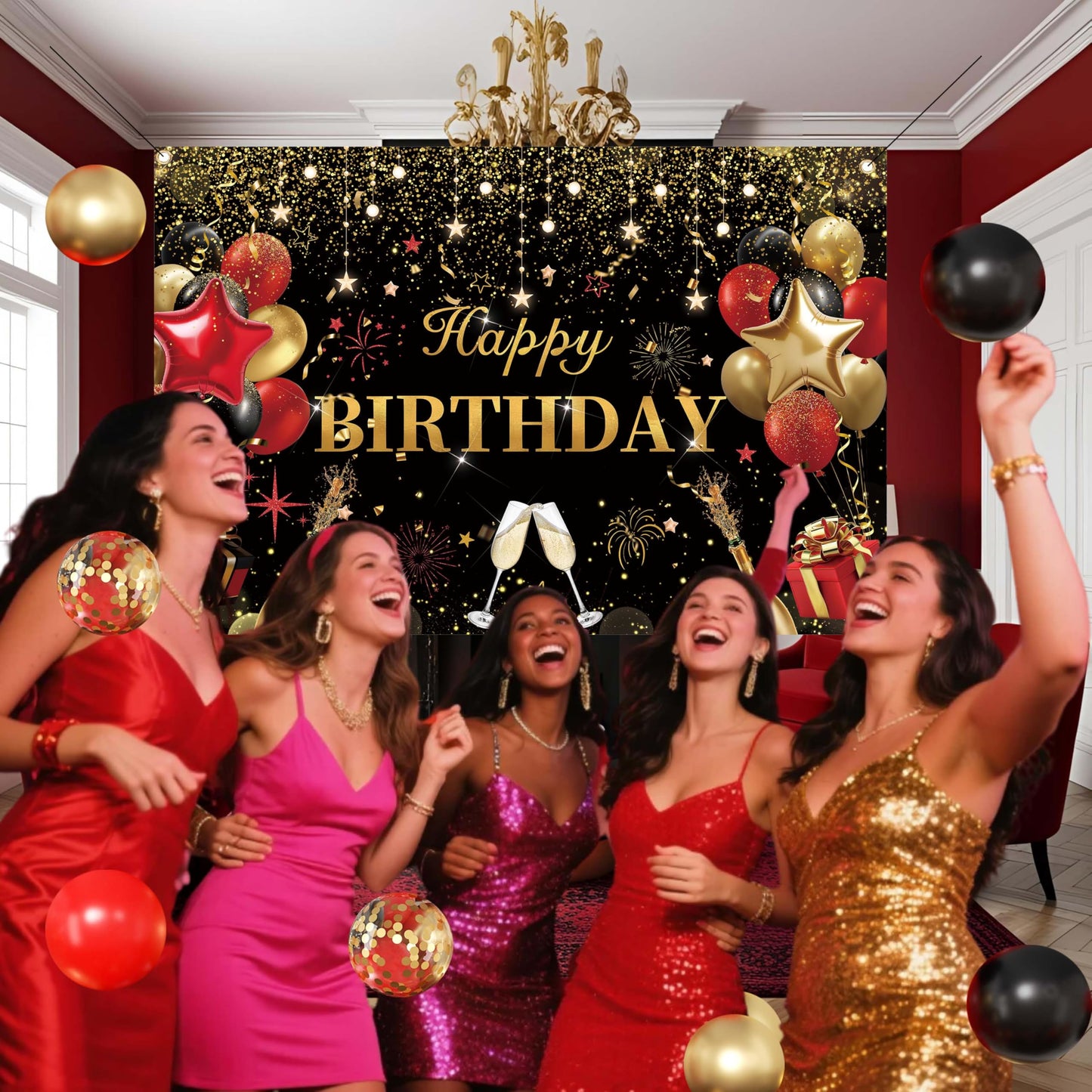 Red Birthday Party Decorations for Women,Balloon Aich kit,Black Gold Confetti Balloons,Happy Birthday Backdrop