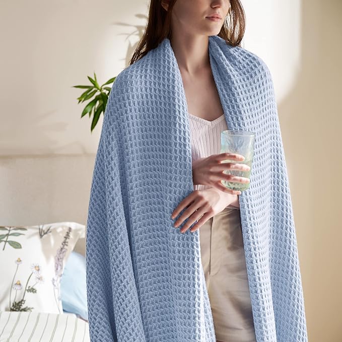 Bedsure 100% Cotton Blanket Queen Size for Bed - Breathable and Soft, Waffle Weave Blanket for Summer Spring, Sky Blue, 90x90 Inches