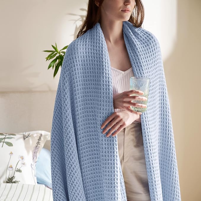 Bedsure 100% Cotton Blanket King Size for Bed - Breathable and Soft, Waffle Weave Blanket for Summer Spring, Sky Blue, 104x90 inches