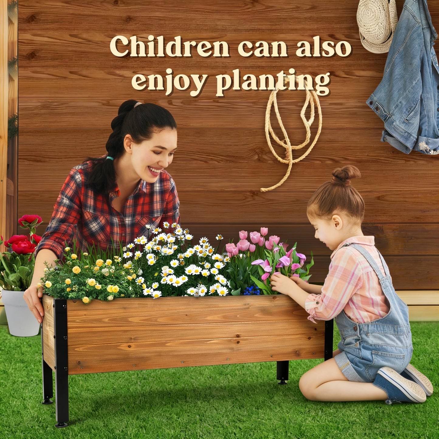 Borsynium Wooden Rectangular Flower Box with Low-Iron Legs, Planting Bed for Flowers and Vegetables, Suitable for Garden and Balcony. Dimensions: 35.43×13.9×12.5 inches