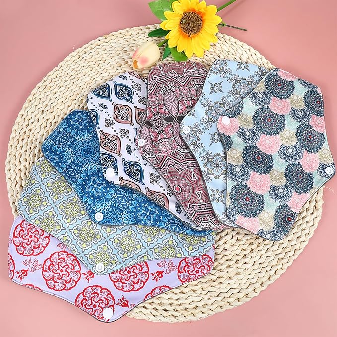 PHOGARY Reusable Menstrual Pads, 7 Pieces Bamboo Cloth Pads for Heavy Flow with Wet Bag, Large Sanitary Pads Set with Wings for Women, Washable Overnight Cloth Panty Liners Period Pads