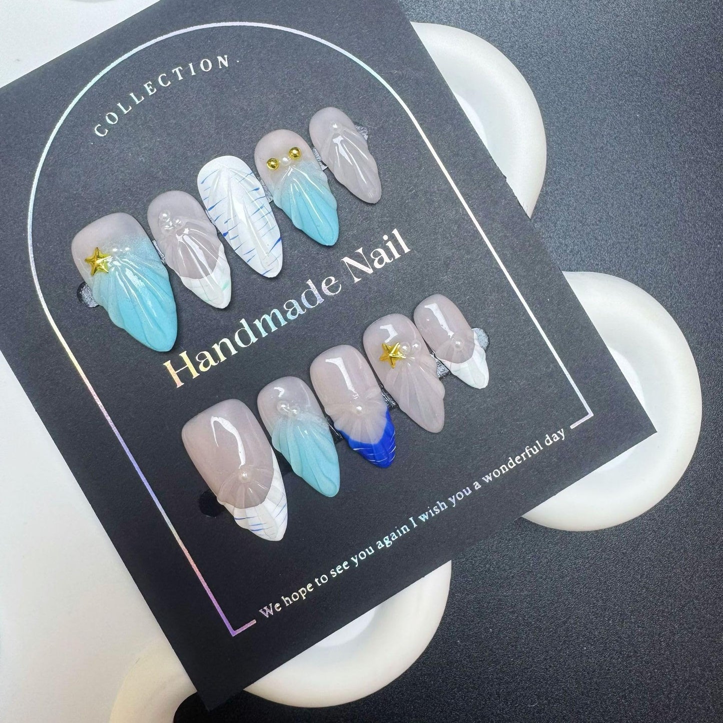 100% Handmade Press on Nails Medium Almond Fake Nails Summer Acrylic Handmade Nails Press Ons Ocean Seashell Waterdrop False Nails for Women Girls Manicure Size M