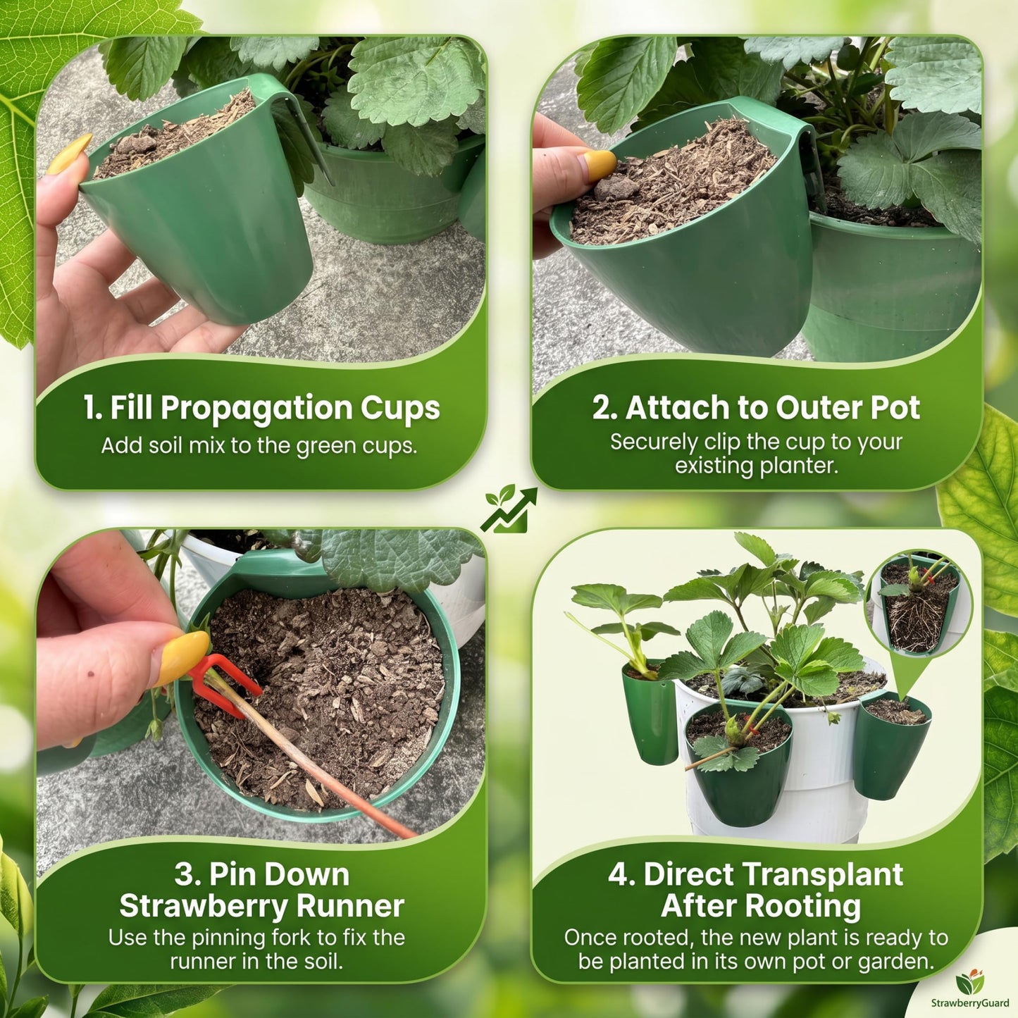 Xoeryoy Strawberry Propagation Cups, 20 Pack Large Plastic Plant Cups with 50 Runner Forks Breathable Pots for Berry Plant Rooting, Space-Saving Hanging Design, L