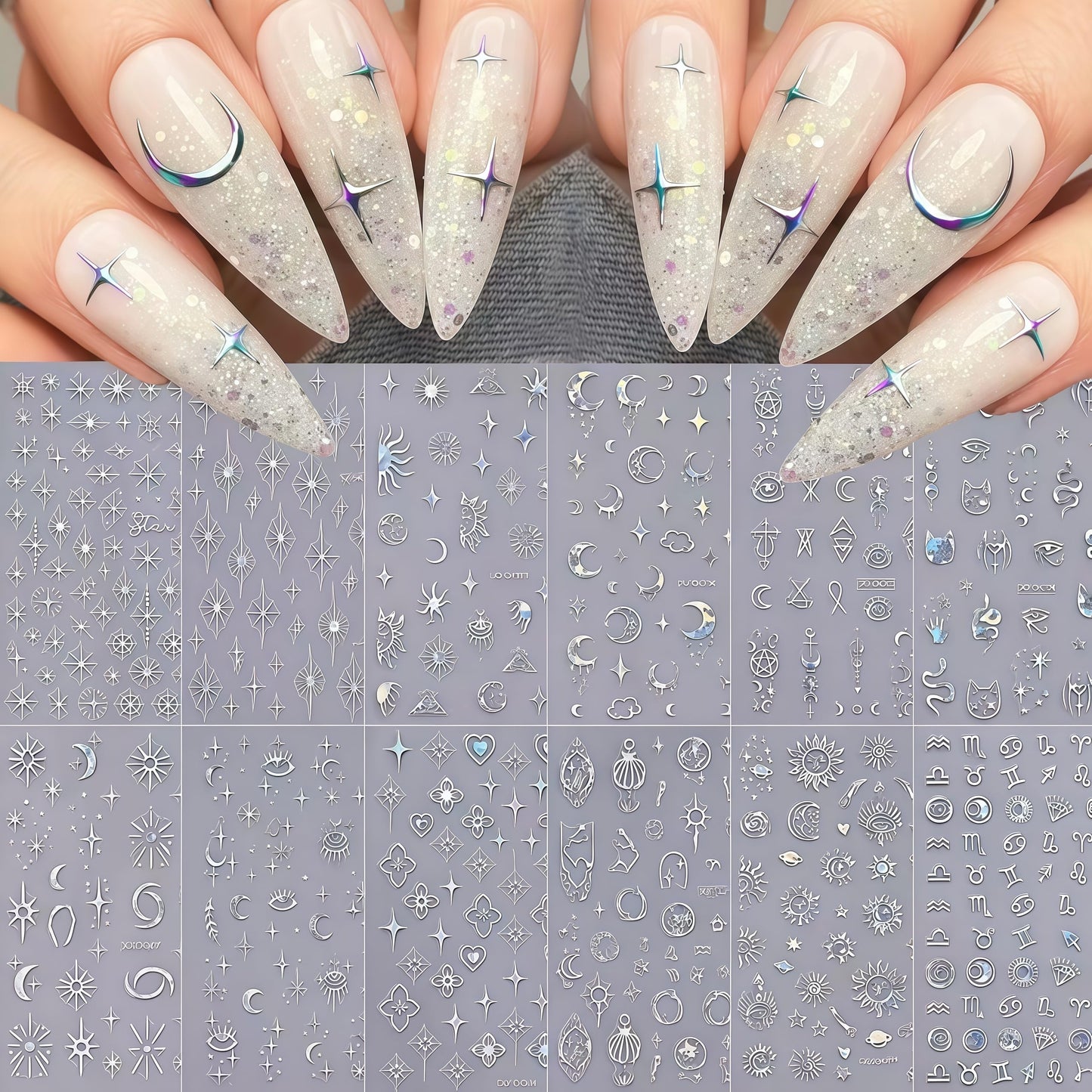 12 Sheets Laser Silver Nail Art Stickers, 3D Self-Adhesive Sun Moon Stars Designs Nail Sticker Acrylic Manicure Decals Decorations Accessory for Women Girls