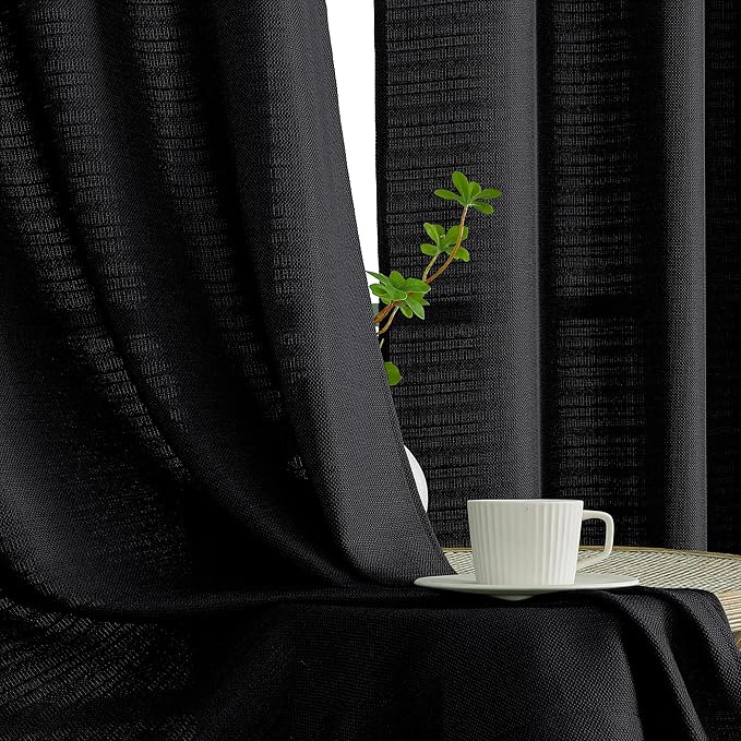 Chyhomenyc Black Curtains 72 Inch Length 2 Panels Set, Faux Linen Textured Semi Sheer Light Filtering Soft Airy Privacy Farmhouse Curtain Drapes for Living Room Bedroom, 40 Wx72 L Inches