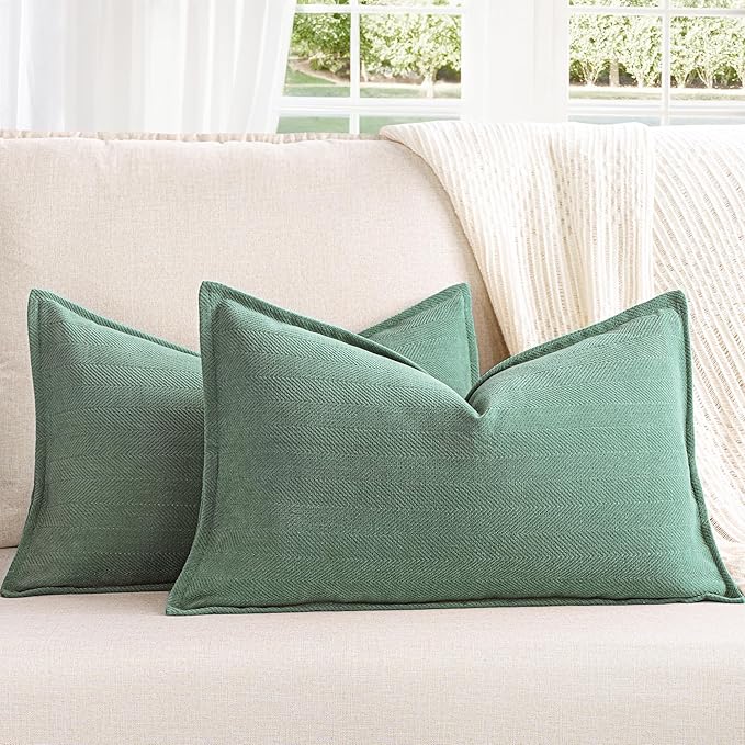 ZWJD Dusty Green Pillow Covers 12x20 Set of 2 Chenille Throw Pillow Covers with Elegant Design Soft and Luxurious Decorative Throw Pillows for Couch, Bed, and Home Decor