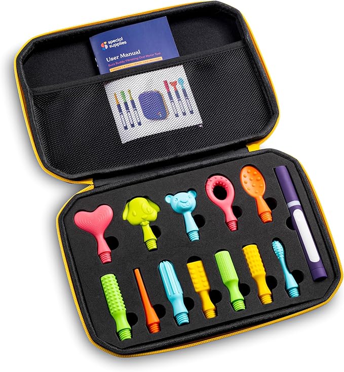 Special Supplies Buzz Buddy Oral Motor Stimulation kit with 12 Soft Textured Interchangeable Heads, Calm Sensory Needs, Support Speech, and Stimulate Self Feeding, Gentle Vibrations