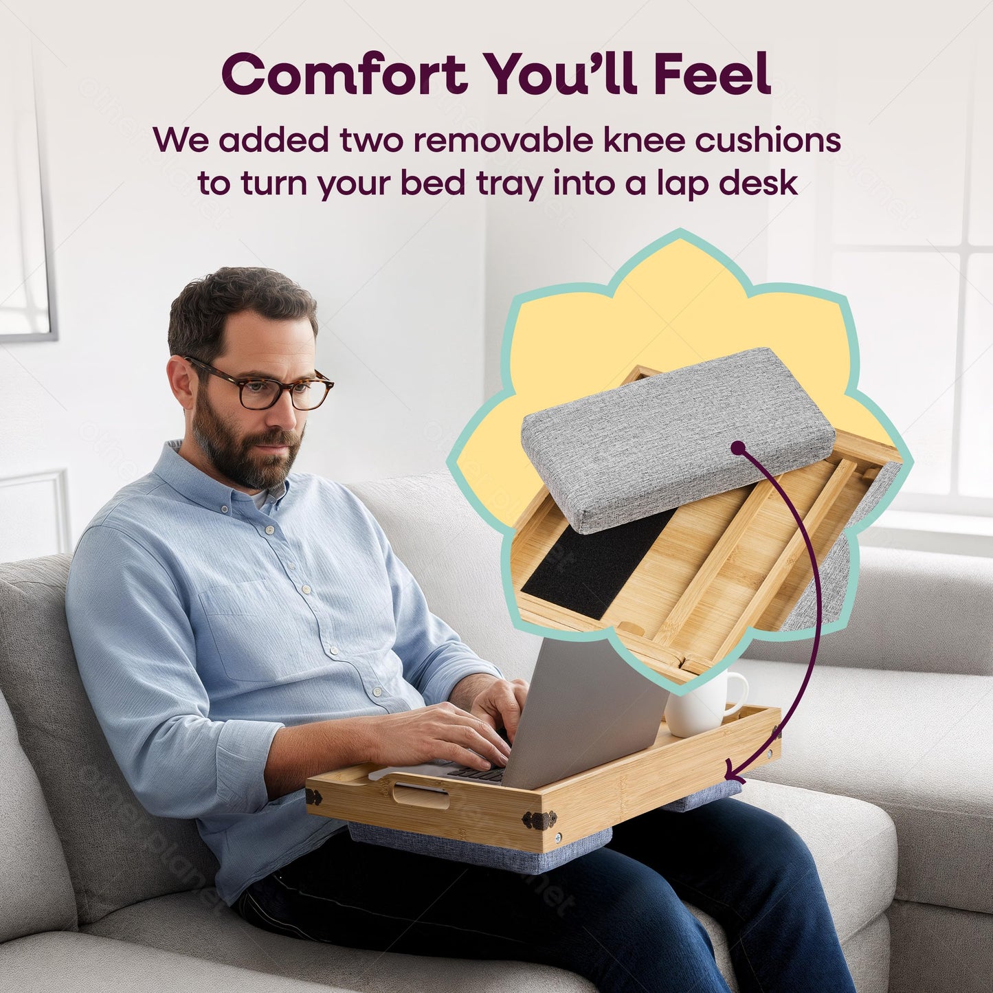 Breakfast in Bed Tray Lap Desk | Ergonomic Bamboo Bed Table Tray for Work, Rest | Comfortable Bed Desk w/Foldable Legs, Phone Holder, Cushions, Anti-Spill Edges | Adjustable Laptop Table/Lap Tray