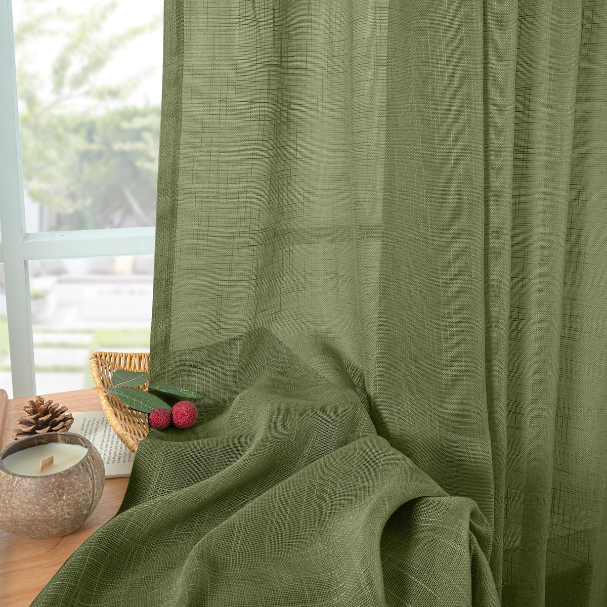 Olive Green Linen Semi Sheer Curtains 34X40 Inch Length for Kitchen Window (2 Count)