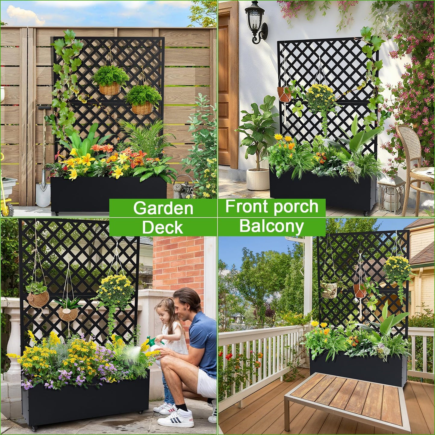 IDEALHOUSE 72" Raised Garden Bed with Trellis, Galvanized Steel Planter Box with Lockable Wheels, Mobile Privacy Screen for Climbing Plants Outdoor Patio Balcony, Black