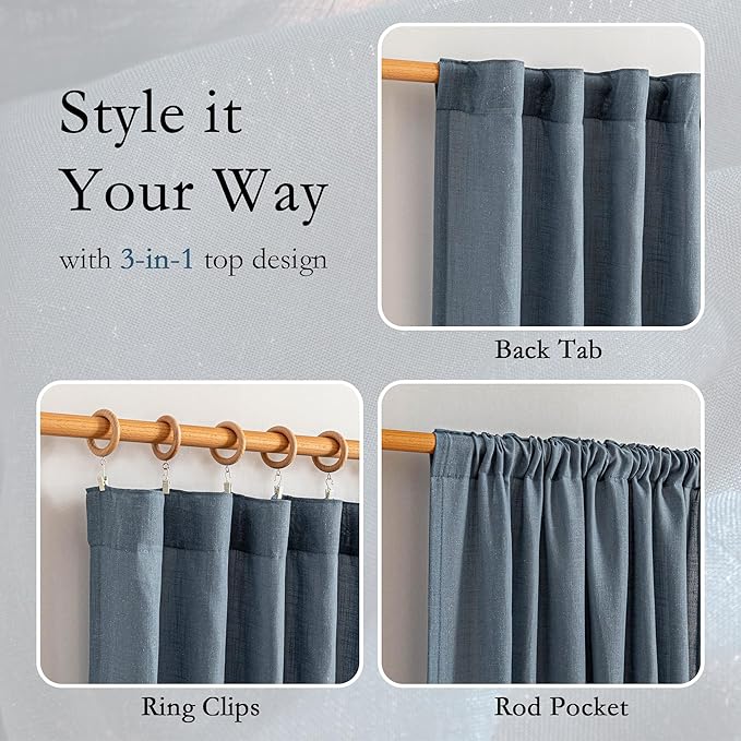 MYSKY HOME Living Room Curtains 90 Inches Long Farmhouse Light Filtering Privacy Curtain Drapes for Patio Door, Linen Look Texture Fabric Bohemian Draperies Soft Touch, 50x90, Dusty Blue, 2 Pieces