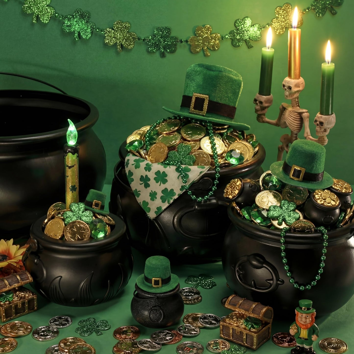 Threehoney 16 in 1 St. Patrick's Day Cauldron 12.8 9.8 7.6 5.7 2.7 Large Witch Leprechaun Pot for Irish Party Decoration Plastic Cauldron with Portable Carrying Handle Black Candy Pot Indoor Outdoor