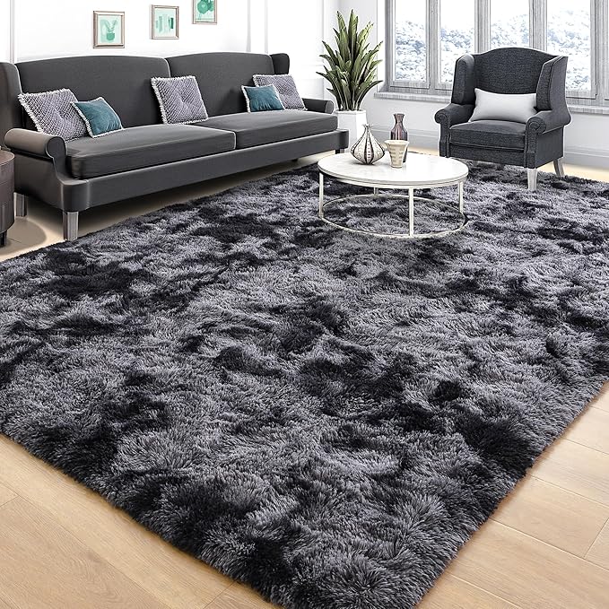Tepook Soft Fluffy Area Rug for Bedroom, Modern Shaggy Rugs for Living Room, 3x5 Fuzzy Rug for Kids Boys Girls Room, Plush Indoor Nursery Home Decor Rug with Non-Slip Bottom, Tie-dye Dark Grey