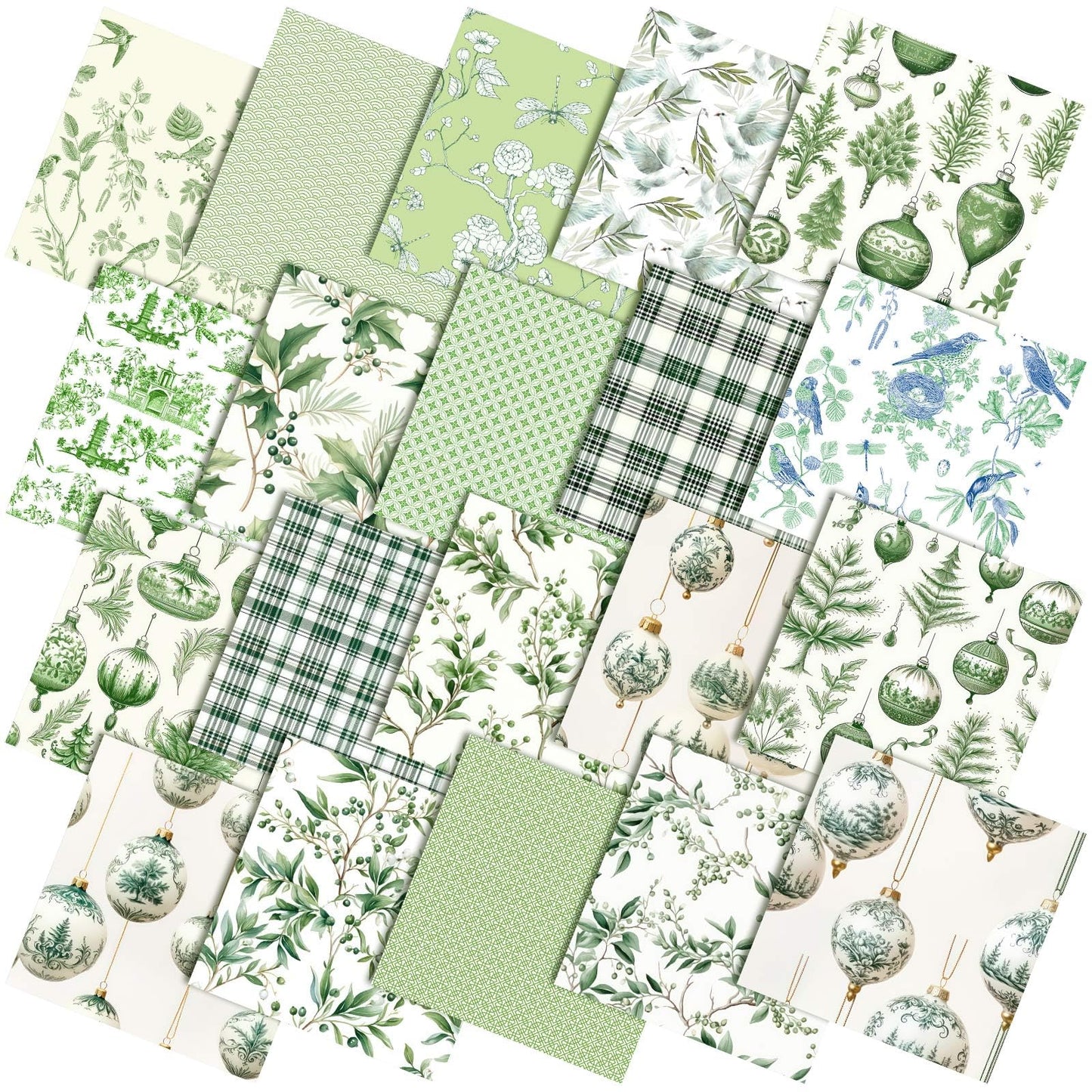 Oudain 60 Pcs 10 x 10 Inch Green Chinoiserie Quilting Fabric Squares Christmas Sage Greenery Fat Patchwork Precuts Pagoda Porcelain Plaid Fabric Bundles for Xmas DIY Craft Sewing Handmade Material