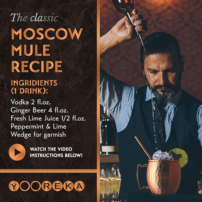 Moscow Mule Mugs - 100% Pure Copper for Drinking Beverages with Moscow Mule Cups Set of 4-16 oz Mugs, 4 Straws, 4 Coasters, Stirring Spoon, Shot Glass, Brush & Pure Copper Cup Gifts for Him